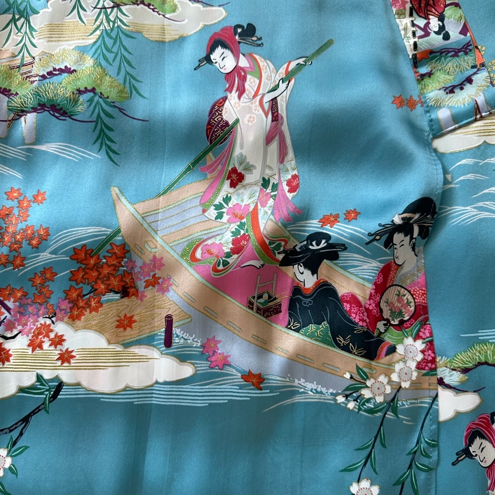 100% Silk Geisha Kimono/Robe Long Blue ,Boat And Floral Motifs-Made in Japen !đ - Picture 10 of 14